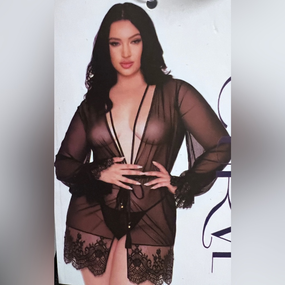 Fantasy Lingerie sheer black robe with lace trim and gstring panty  Sz 3X/4X NWT